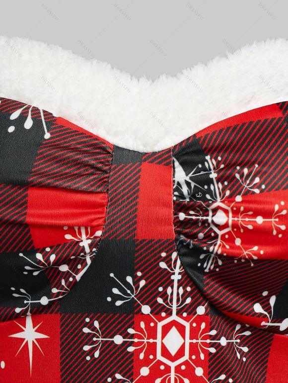 Christmas Plaid Snowflake Stars Print Mini Dress And Faux Fur Panel Colorblock Fuzzy Ball Cape Rhinestone Bell Drop Earrings Outfit - Rouge S | US 4