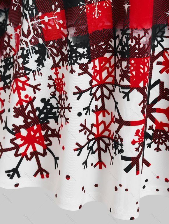 Christmas Plaid Snowflake Stars Print Mini Dress And Faux Fur Panel Colorblock Fuzzy Ball Cape Rhinestone Bell Drop Earrings Outfit - Rouge S | US 4