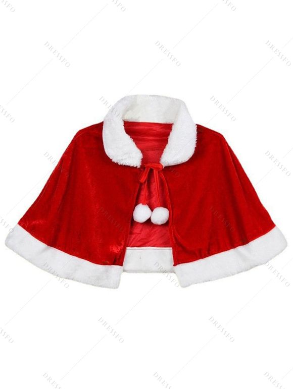 Christmas Plaid Snowflake Stars Print Mini Dress And Faux Fur Panel Colorblock Fuzzy Ball Cape Rhinestone Bell Drop Earrings Outfit - Rouge S | US 4