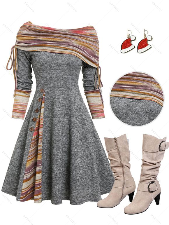 Convertible Neck Cinched Striped Flare A Line Dress And Mid-Calf Suede Zip Up Boots And Christmas Cap Drop Earrings Outfiit - multicolor S | US 4