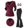 Plunge Shawl Neck Mock Button Ribbed Hem Sweater And Lace Up Split Hem Flare Jeans Plaid Drop Earrings Outfit - Rouge foncé S | US 4