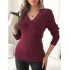 Plunge Shawl Neck Mock Button Ribbed Hem Sweater And Lace Up Split Hem Flare Jeans Plaid Drop Earrings Outfit - Rouge foncé S | US 4