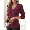 Plunge Shawl Neck Mock Button Ribbed Hem Sweater And Lace Up Split Hem Flare Jeans Plaid Drop Earrings Outfit - Rouge foncé S | US 4