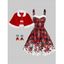 Christmas Plaid Snowflake Stars Print Mini Dress And Faux Fur Panel Colorblock Fuzzy Ball Cape Rhinestone Bell Drop Earrings Outfit - Rouge S | US 4