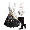 Christmas Glitter Snowflake Print Faux Fur Panel A Line Mini Dress And Lace Up Over The Knee Boots Christmas Elk Faux Pearl Earrings Necklace Outfit - Noir S | US 4