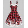 Christmas Plaid Snowflake Stars Print Mini Dress And Faux Fur Panel Colorblock Fuzzy Ball Cape Rhinestone Bell Drop Earrings Outfit - Rouge S | US 4