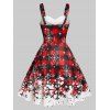 Christmas Plaid Snowflake Stars Print Mini Dress And Faux Fur Panel Colorblock Fuzzy Ball Cape Rhinestone Bell Drop Earrings Outfit - Rouge S | US 4