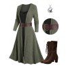 Rib Contrast Long Sleeve O Ring Belt 2 In 1 Knit Dress And Chunky Heel Lace Up Mid Calf Boots Rhinestone Moon Cat Star Pendant Chain Necklace Outfit - Vert profond S | US 4