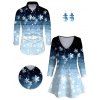 Christmas Snowflake Galaxy Ombre Print V Neck T-shirt And Long Sleeve Shirt Snowman Drop Earrings Set Couple Outfit - Bleu S | US 4