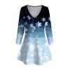 Christmas Snowflake Galaxy Ombre Print V Neck T-shirt And Long Sleeve Shirt Snowman Drop Earrings Set Couple Outfit - Bleu S | US 4