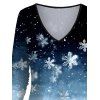 Christmas Snowflake Galaxy Ombre Print V Neck T-shirt And Long Sleeve Shirt Snowman Drop Earrings Set Couple Outfit - Bleu S | US 4