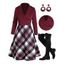 Twist Stripe Texture Shawl Collar Knit Top Plaid Spaghetti Strap Dress And Lace Up Over The Knee Boots Christmas Snowflake Drop Earrings Outfit - Rouge foncé S | US 4