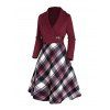 Twist Stripe Texture Shawl Collar Knit Top Plaid Spaghetti Strap Dress And Lace Up Over The Knee Boots Christmas Snowflake Drop Earrings Outfit - Rouge foncé S | US 4