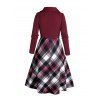 Twist Stripe Texture Shawl Collar Knit Top Plaid Spaghetti Strap Dress And Lace Up Over The Knee Boots Christmas Snowflake Drop Earrings Outfit - Rouge foncé S | US 4