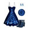 Christmas Tree Light Point Print Mini Dress And Faux Rhinestones Chunky Heels Ankle Boots Snowman Acrylic Drop Earrings Outfit - Bleu profond S | US 4