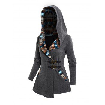 Tribal Print Patchwork Buckle Close Long Sleeve Hooded Knit  Top 