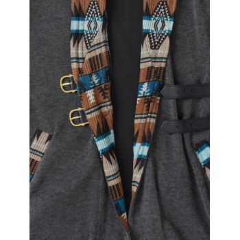 Tribal Print Patchwork Buckle Close Long Sleeve Hooded Knit  Top 