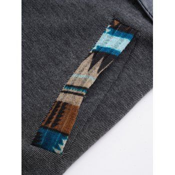 Tribal Print Patchwork Buckle Close Long Sleeve Hooded Knit  Top 