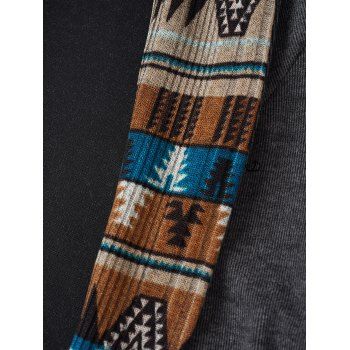 Tribal Print Patchwork Buckle Close Long Sleeve Hooded Knit  Top 