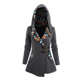 Tribal Print Patchwork Buckle Close Long Sleeve Hooded Knit  Top 