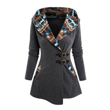 Tribal Print Patchwork Buckle Close Long Sleeve Hooded Knit  Top 