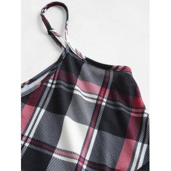 Twist Stripe Textures Solid Color Shawl Collar Knit Crop Top And Plaid Print Spaghetti Strap Mini Dress Set 
