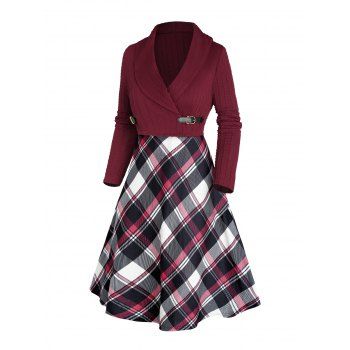 Twist Stripe Textures Solid Color Shawl Collar Knit Crop Top And Plaid Print Spaghetti Strap Mini Dress Set 