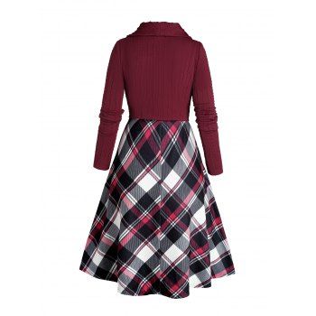 Twist Stripe Textures Solid Color Shawl Collar Knit Crop Top And Plaid Print Spaghetti Strap Mini Dress Set 