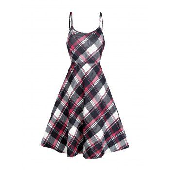 Twist Stripe Textures Solid Color Shawl Collar Knit Crop Top And Plaid Print Spaghetti Strap Mini Dress Set 