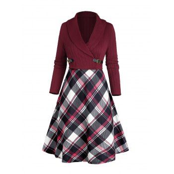 Twist Stripe Textures Solid Color Shawl Collar Knit Crop Top And Plaid Print Spaghetti Strap Mini Dress Set 