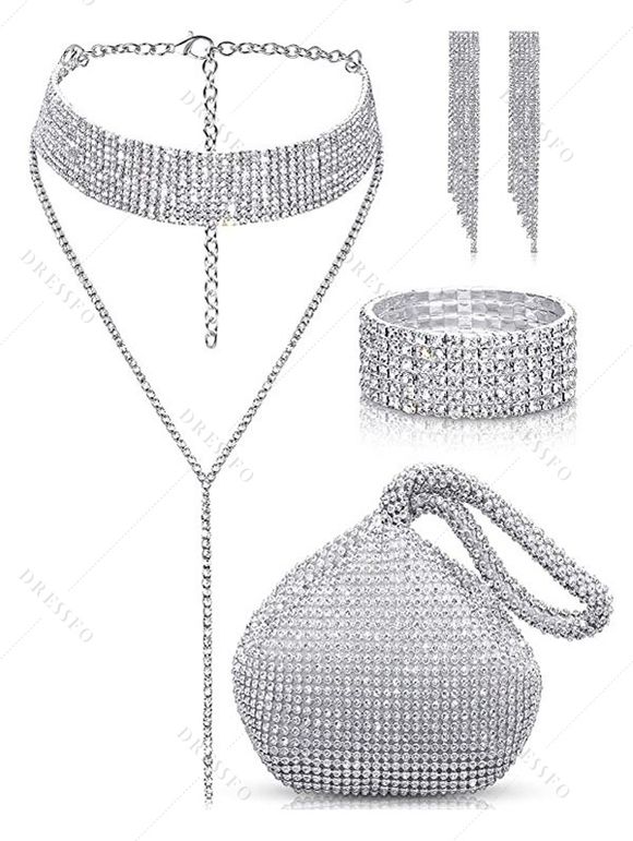 Ensemble de Boucles D'Oreilles Bracelet et de Collier Ras-du-Cou Lune Strass Incrusté en Faux Cristal - Argent 