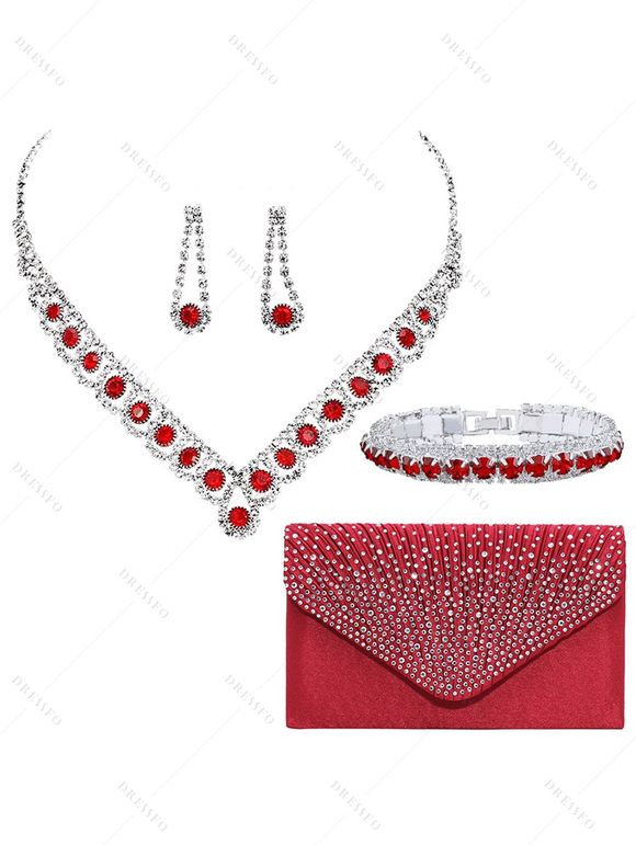 Ensemble de Boucles D'Oreilles Bracelet de Soirée Strass en Satin Quatre Pièces - Rouge 