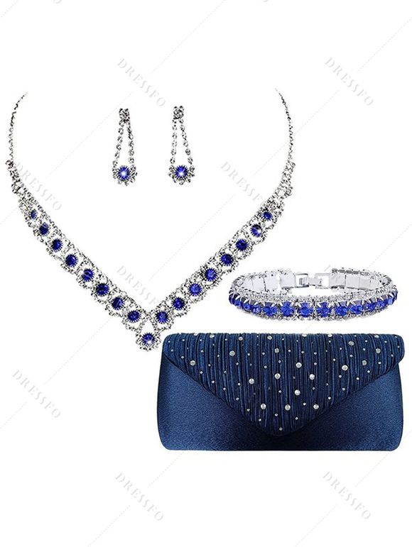 Ensemble de Boucles D'Oreilles Bracelet de Soirée Strass en Satin Quatre Pièces - Bleu 