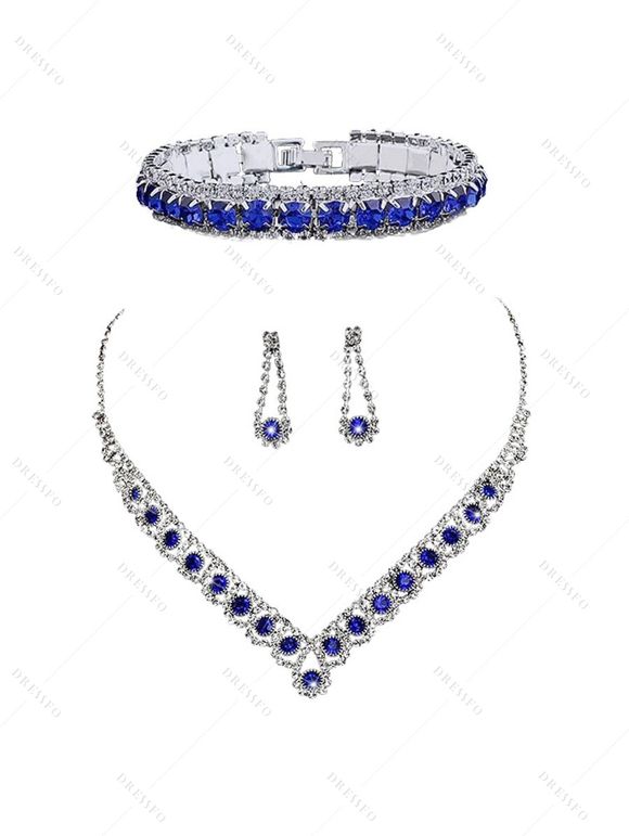 Ensemble de Boucles D'Oreilles Bracelet de Soirée Strass en Satin Quatre Pièces - Bleu 