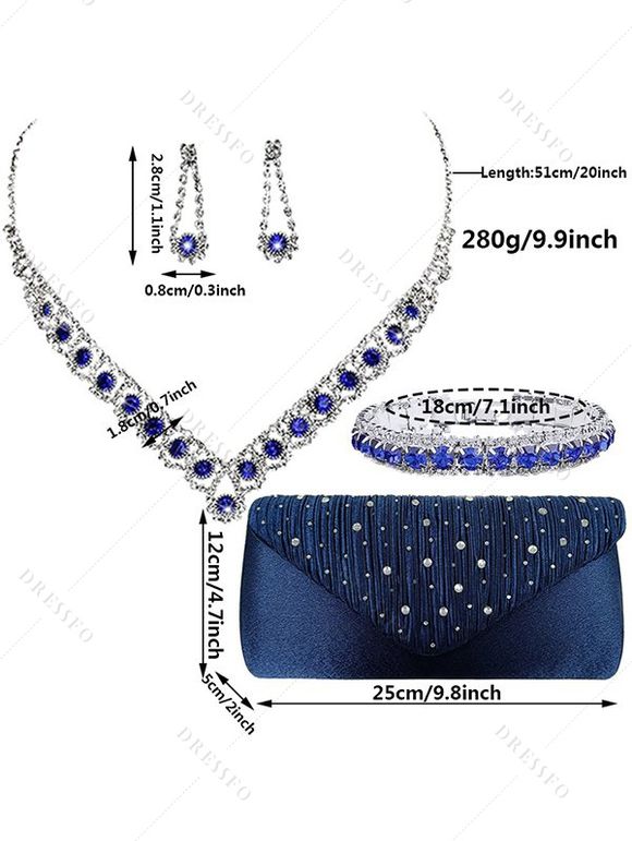 Ensemble de Boucles D'Oreilles Bracelet de Soirée Strass en Satin Quatre Pièces - Bleu 
