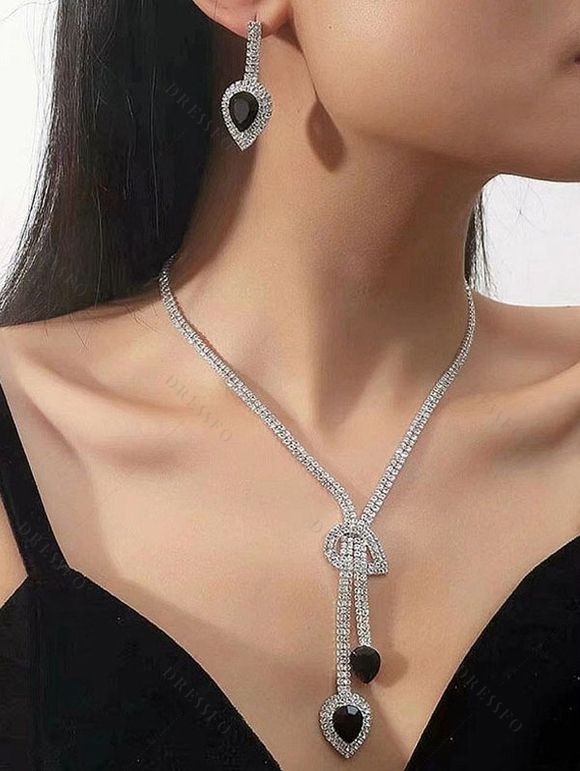 Ensemble de Boucles D'Oreilles et de Collier Goutte de Larme à Frange en Satin Trois Pièces - Noir 