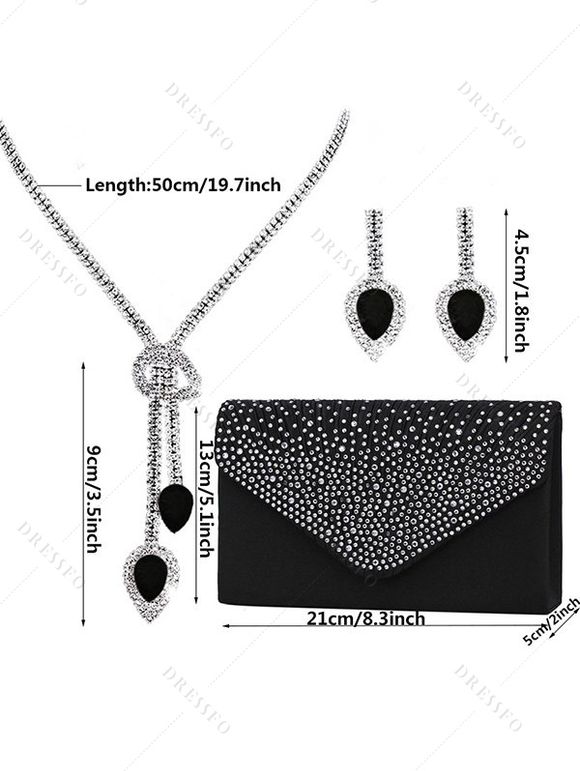 Ensemble de Boucles D'Oreilles et de Collier Goutte de Larme à Frange en Satin Trois Pièces - Noir 