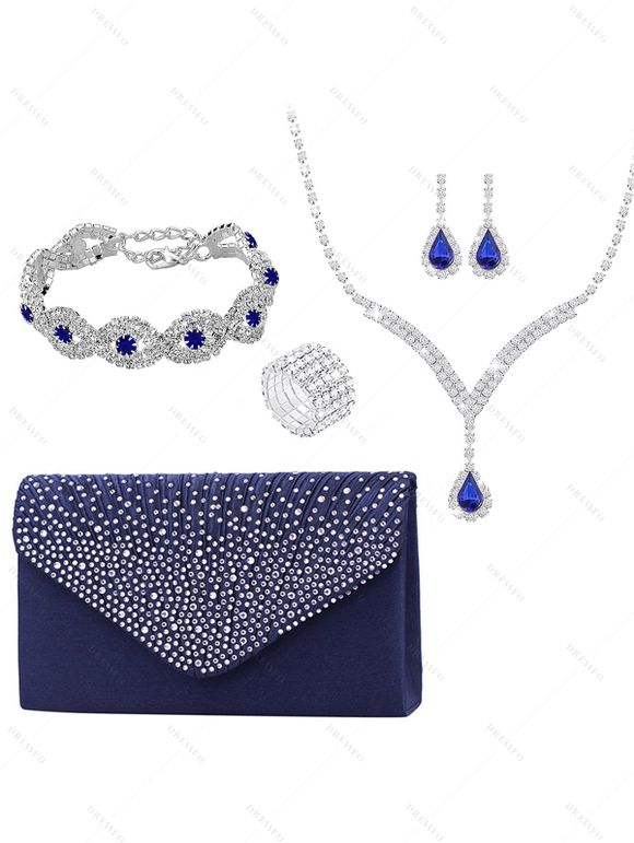 Parure de Bracelet Bague et Boucles D'Oreilles à Cinq Pièces avec Strass - Bleu 