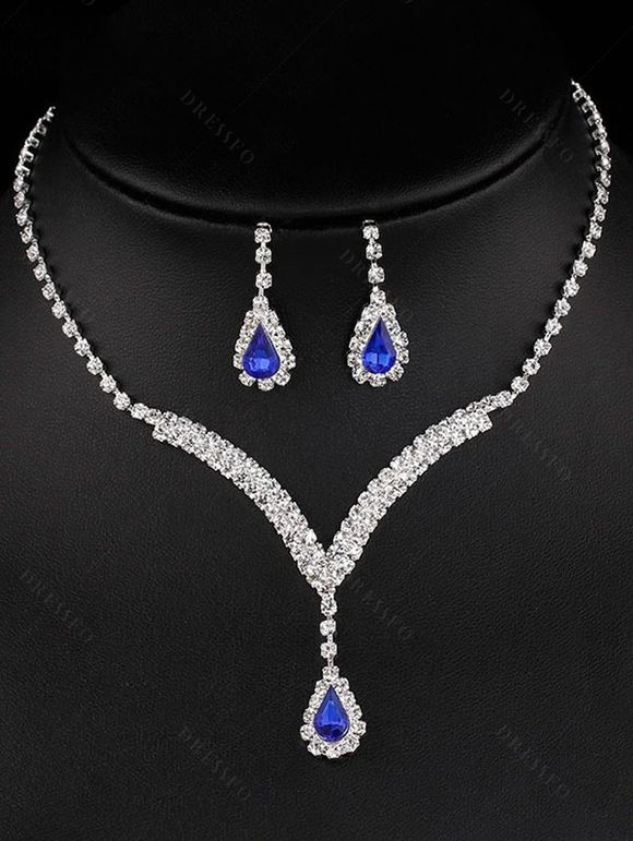 Parure de Bracelet Bague et Boucles D'Oreilles à Cinq Pièces avec Strass - Bleu 