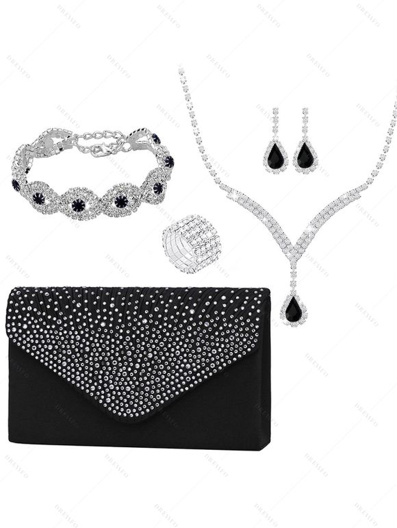 Parure de Bracelet Bague et Boucles D'Oreilles à Cinq Pièces avec Strass - Noir 