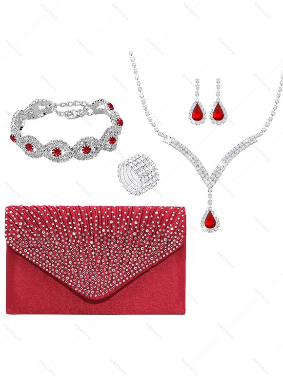 Parure de Bracelet Bague et Boucles D'Oreilles à Cinq Pièces avec Strass - Rouge 