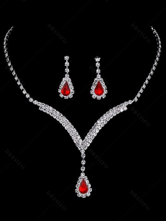 Parure de Bracelet Bague et Boucles D'Oreilles à Cinq Pièces avec Strass - Rouge 