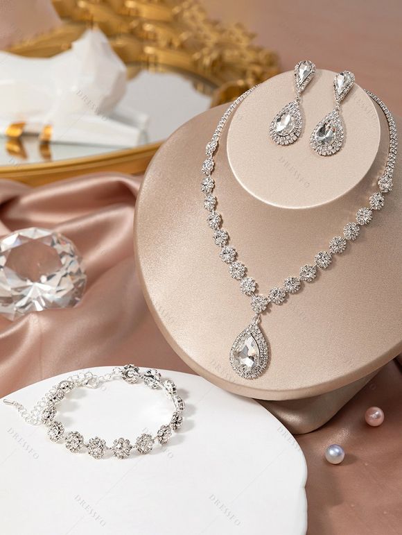 Ensemble de Boucles D'Oreilles et de Bracelet Goutte D'Eau en Gemme Quatre Pièces - Argent 