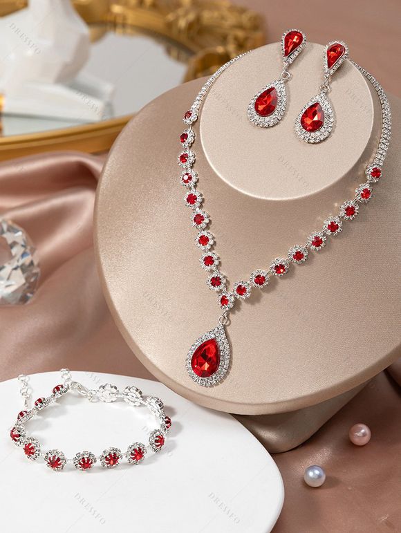 Ensemble de Boucles D'Oreilles et de Bracelet Goutte D'Eau en Gemme Quatre Pièces - Rouge 