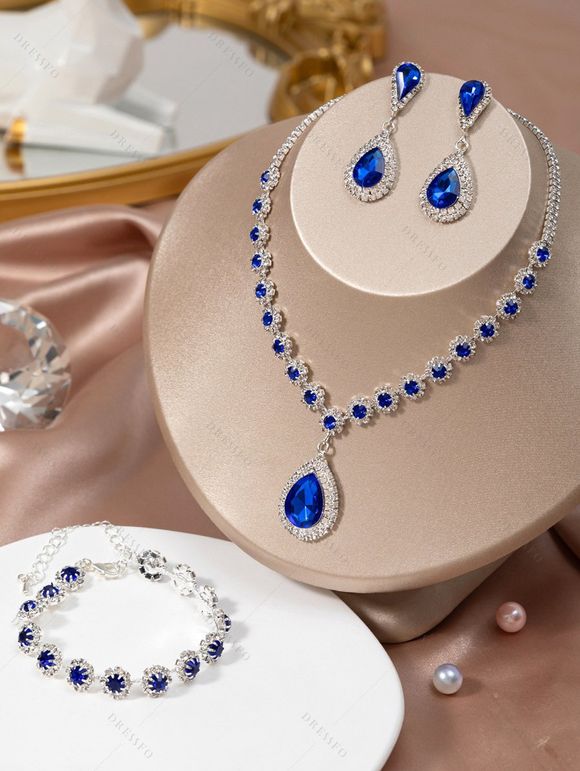 Ensemble de Boucles D'Oreilles et de Bracelet Goutte D'Eau en Gemme Quatre Pièces - Bleu 