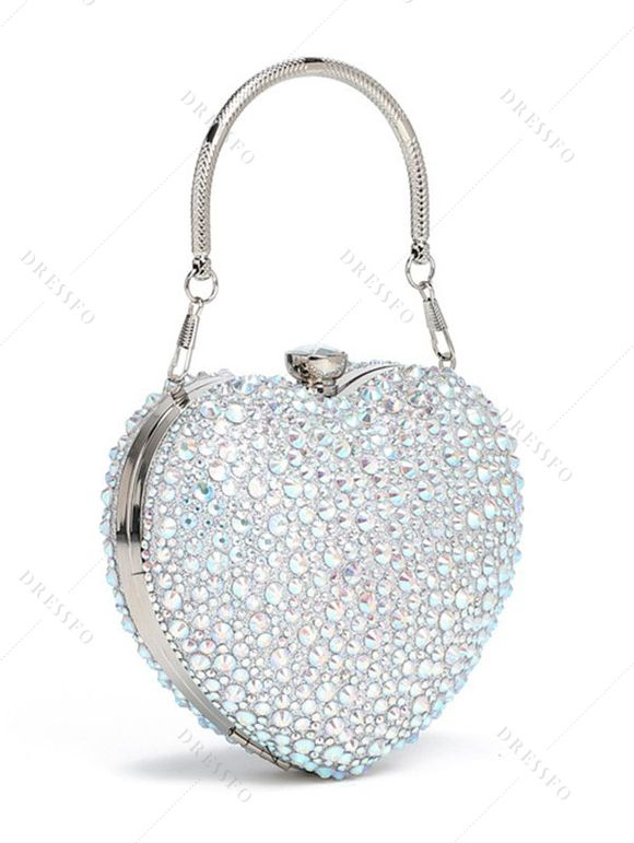 Sac à Bandoulière de Soirée Elégant à Bandoulière en Forme de Cœur en Acrylique avec Strass - Argent 