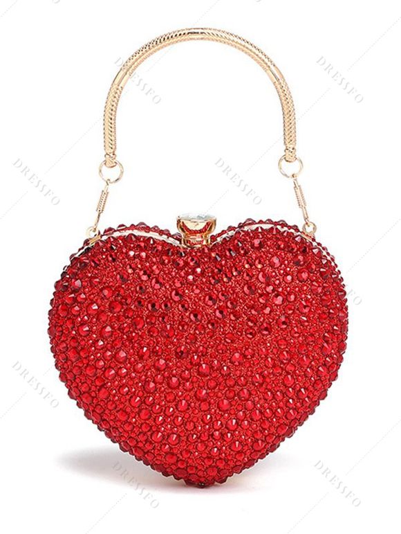 Sac à Bandoulière de Soirée Elégant à Bandoulière en Forme de Cœur en Acrylique avec Strass - Rouge 