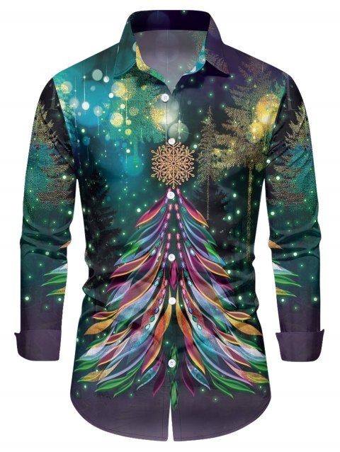 Chemise Col Rabattu Boutonnée Imprimé Flocons de Neige et Sapin de Noël