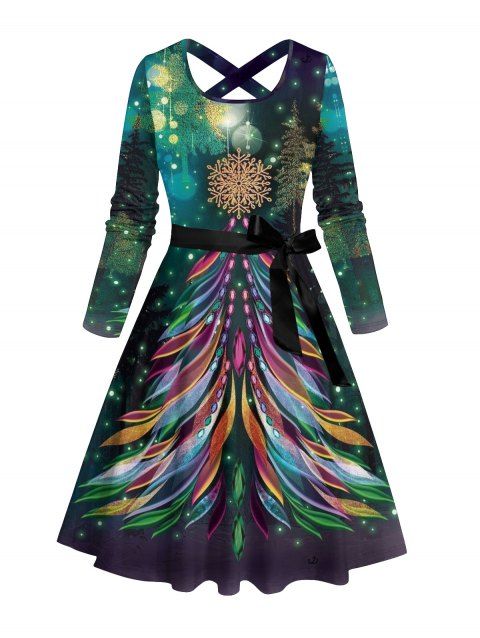Robe Ligne A Ceinturée Croisé Flocon de Neige et Sapin de Noël Imprimés à Manches Longues