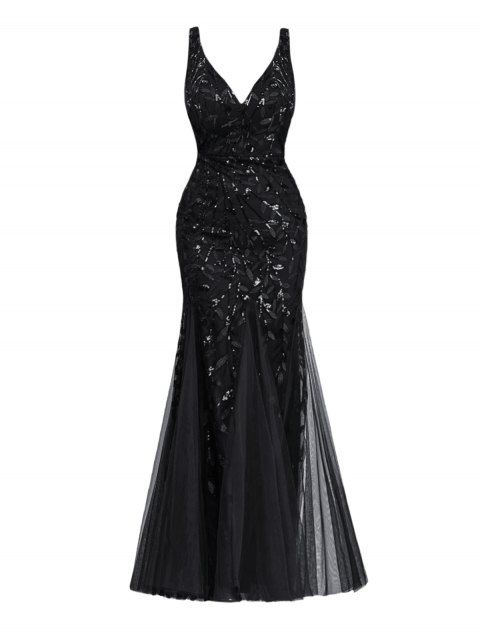 Sequined Mesh Panel Mermaid Party Dress Plunging Neck Maxi Prom Dress